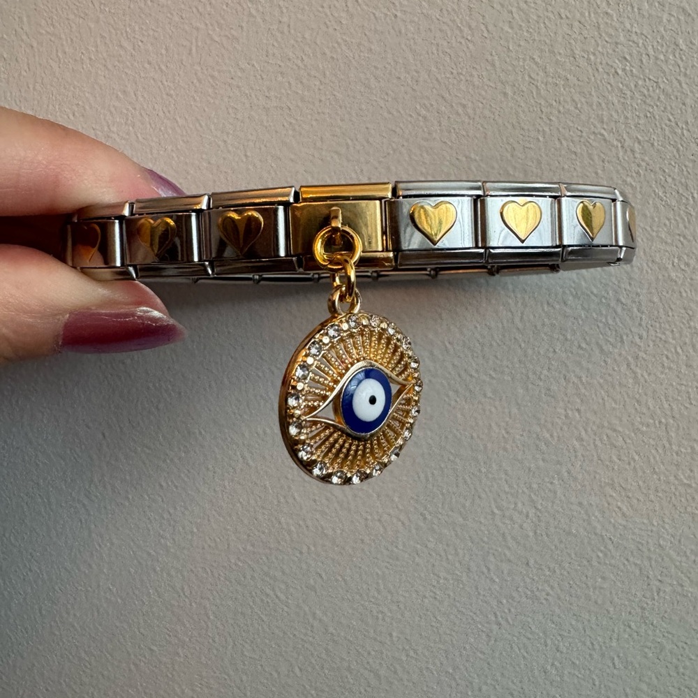 Evil Eye with Gold Tone Hearts Italian Charm Bracelet